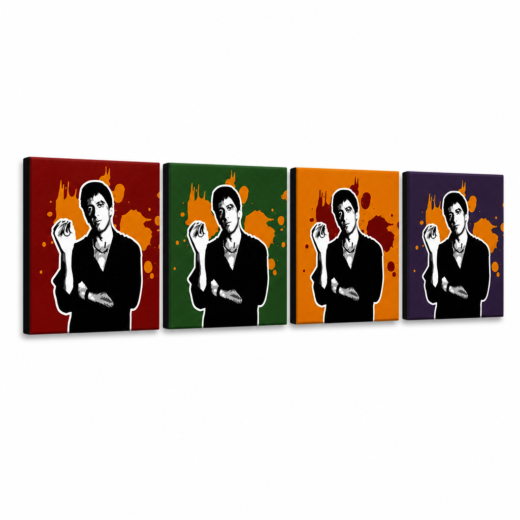 Tablou POP ART pictat manual Scarface - AL PACINO 4 bucăți 200x50cm al37 – Vizualizare 3D a tabloului pictat manual pe fundal alb. Culori dominante: negru, portocaliu, roșu, verde, mov.