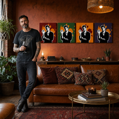 Tablou POP ART pictat manual Scarface - AL PACINO 4 bucăți 200x50cm al37 – tablou într-un interior modern masculin, vizualizare lifestyle. Culori dominante: negru, portocaliu, roșu, verde, mov.