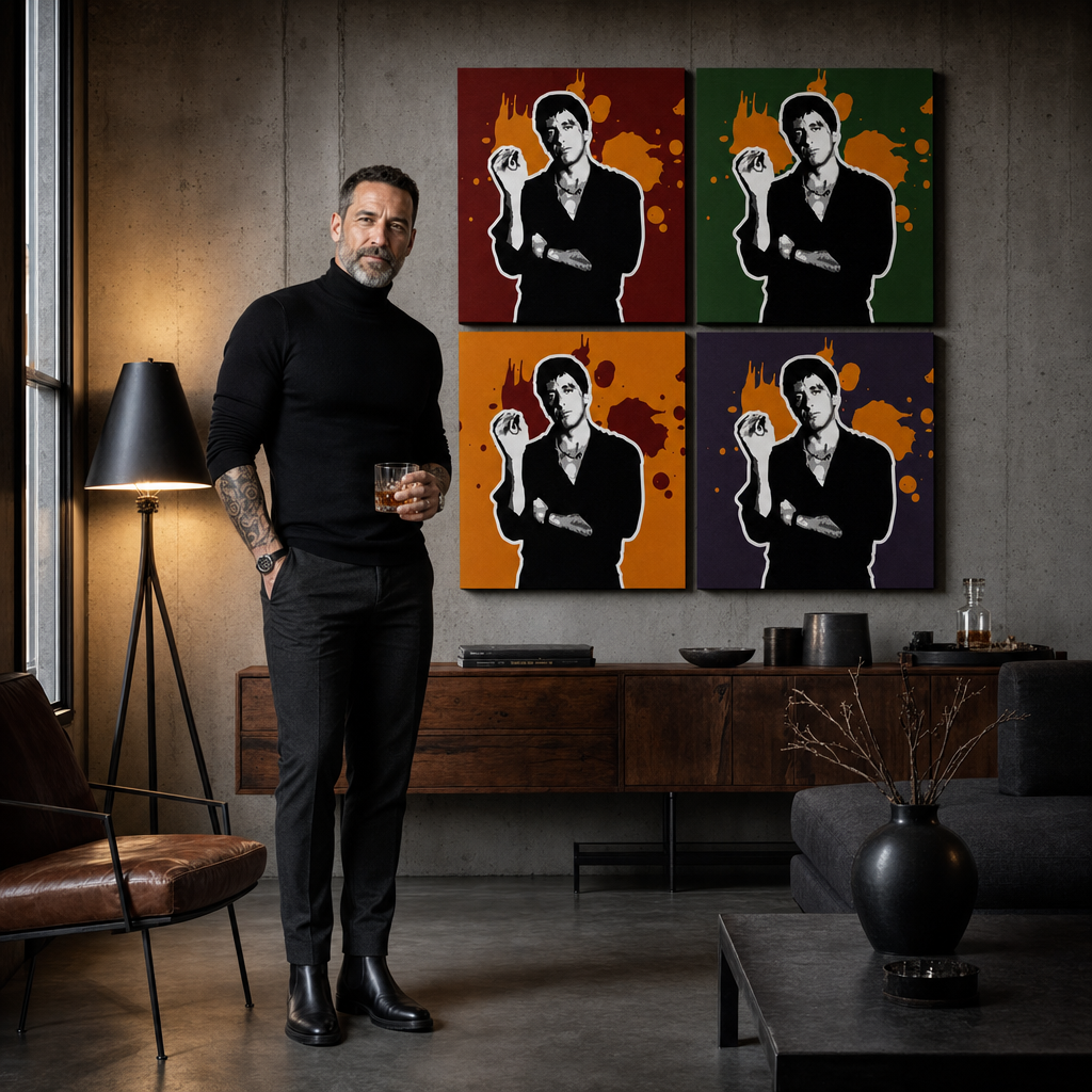 Tablou POP ART pictat manual Scarface - AL PACINO 4 piese al36 – tablou într-un interior modern masculin, vizualizare lifestyle. Culori dominante: negru, portocaliu, roșu, verde, mov.