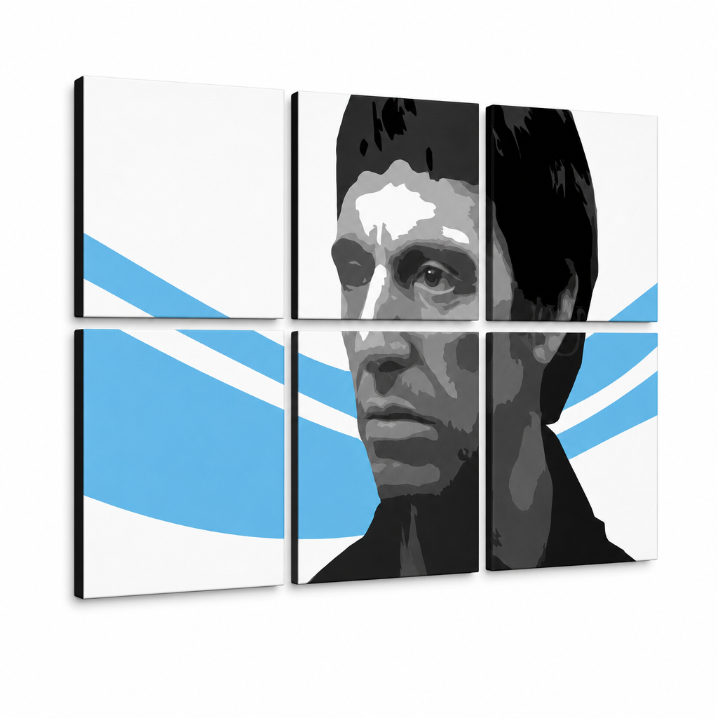 Tablou POP ART pictat manual Scarface - AL PACINO 6 bucăți al40 – Vizualizare 3D a tabloului pictat manual pe fundal alb. Culori dominante: negru, albastru, alb.