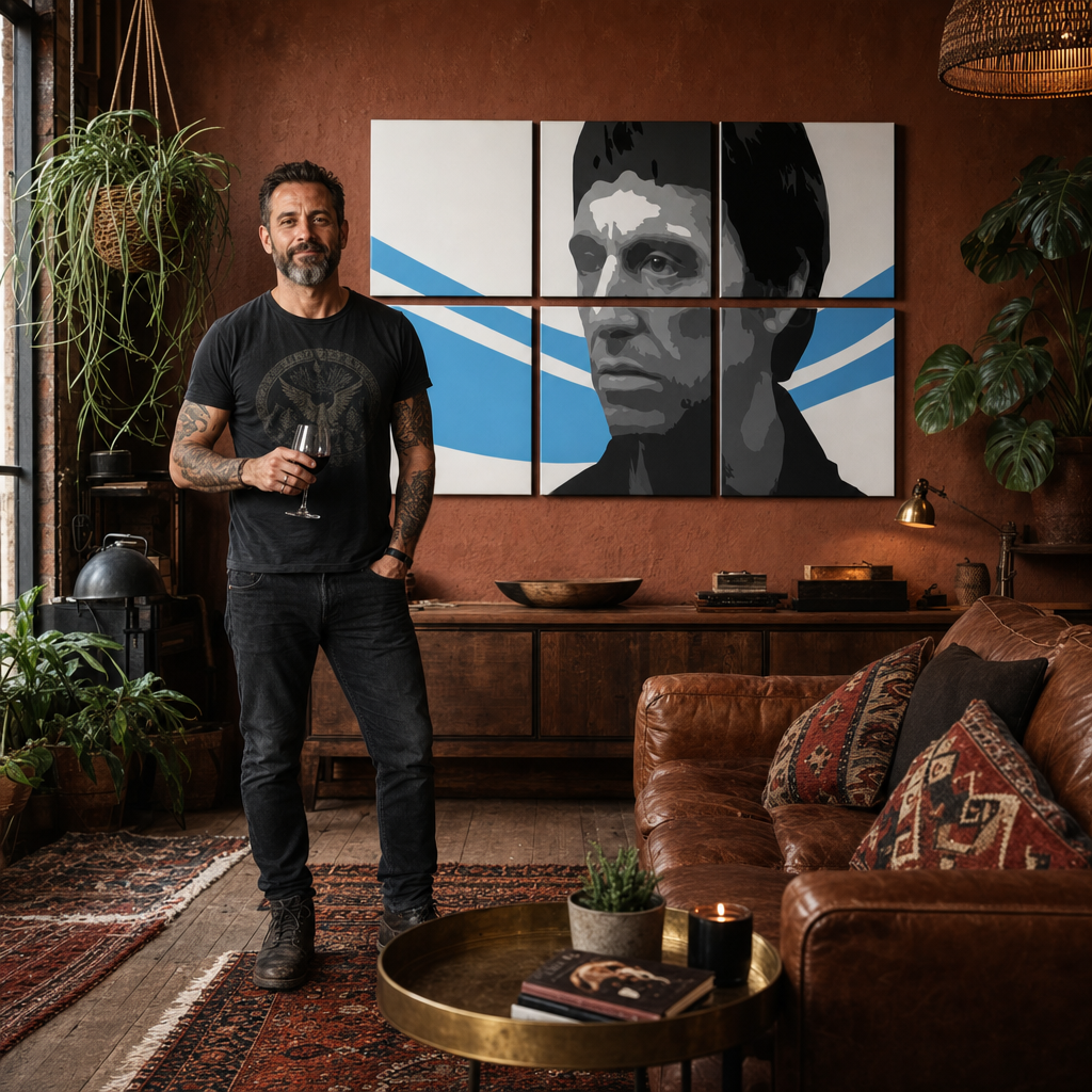 Tablou POP ART pictat manual Scarface - AL PACINO 6 bucăți al40 – tablou într-un interior modern masculin, vizualizare lifestyle. Culori dominante: negru, albastru, alb.