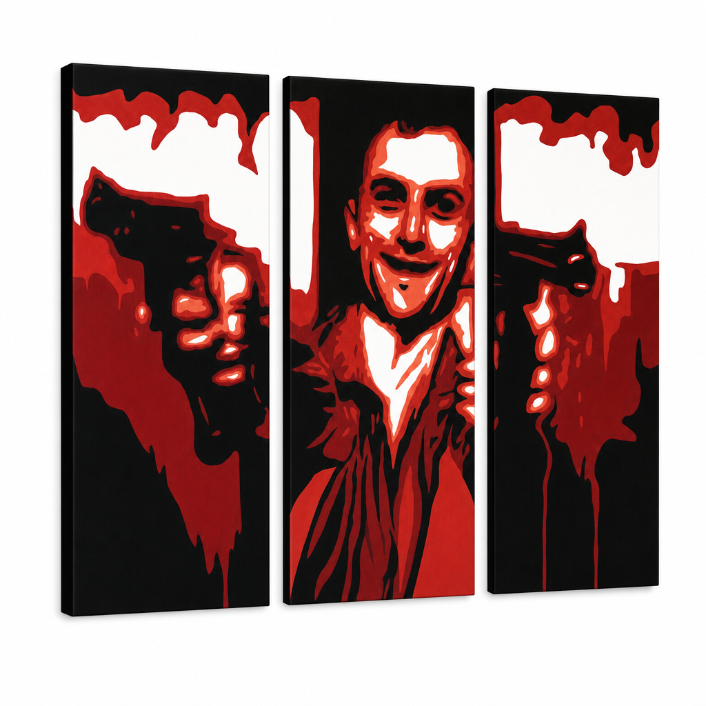 Tablou POP ART pictat manual Taxi Driver 3 părți taxi2 – Vizualizare 3D a tabloului pictat manual pe fundal alb. Culori dominante: negru, roșu, alb.