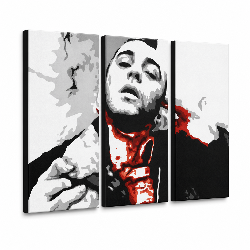 Tablou POP ART pictat manual Taxi Driver 3 piese taxi – Vizualizare 3D a tabloului pictat manual pe fundal alb. Culori dominante: negru, alb, roșu, gri, portocaliu.