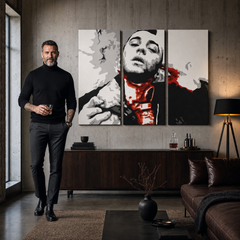 Tablou POP ART pictat manual Taxi Driver 3 piese taxi – tablou într-un interior modern masculin, vizualizare lifestyle. Culori dominante: negru, alb, roșu, gri, portocaliu.