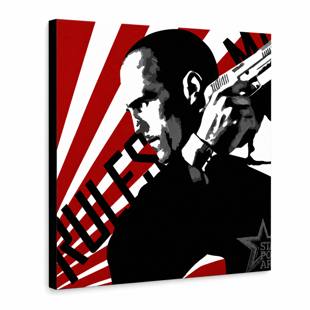 Tablou POP ART pictat manual THE TRANSPORTER - Courier 1 parte kur2 – Vizualizare 3D a tabloului pictat manual pe fundal alb. Culori dominante: roșu, negru, alb.