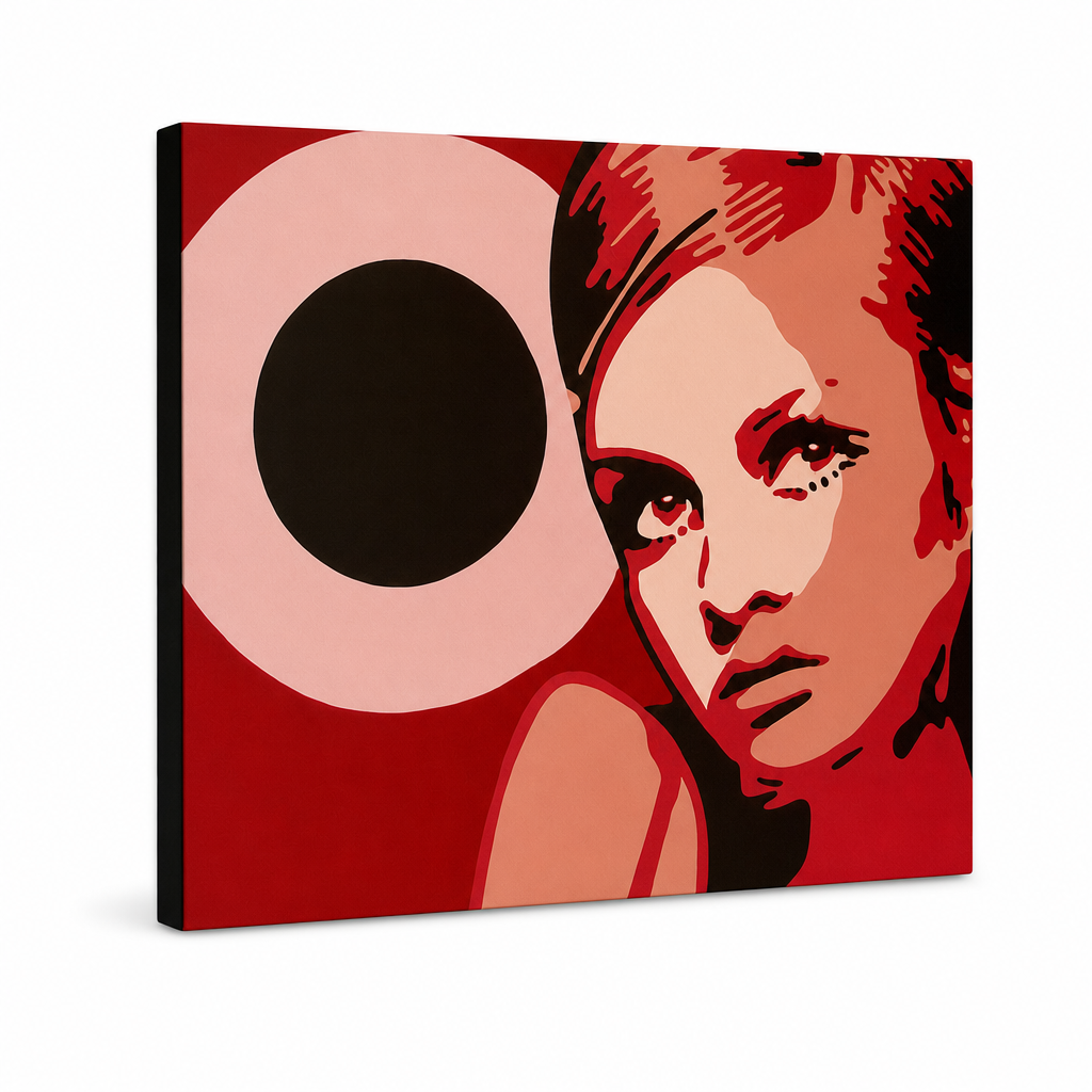 Tablou POP ART pictat manual Twigy 1 buc 0001 tw – Vizualizare 3D a tabloului pictat manual pe fundal alb. Culori dominante: roșu, roz, negru, bej, portocaliu.