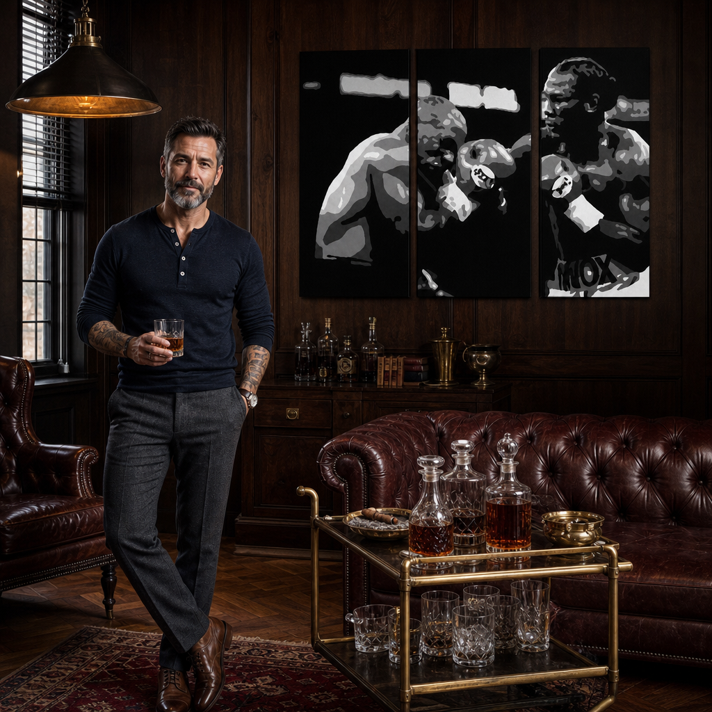 Tablou POP ART pictat manual Tyson vs. Lewis 3 buc cutie – tablou într-un interior modern masculin, vizualizare lifestyle. Culori dominante: negru, alb, gri.