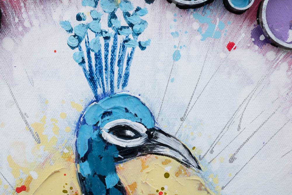 Pop art tablou pe pânză cu motivul PĂUN, pasăre, animal în multicolor nuanțe, atmosferă vibrantă, natură și frumusețe, potrivit pentru sufragerie | Tablou pictat de perete PĂUN – produs, vedere 3