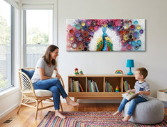 Pop art tablou pe pânză cu motivul PĂUN, pasăre, animal în multicolor nuanțe agățat în interiorul sufragerie, atmosferă vibrantă, natură și frumusețe – interior