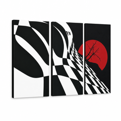 Pictate manual POP Art abstract tablă de șah pictura 3 bucăți fl – Vizualizare 3D a tabloului pictat manual pe fundal alb. Culori dominante: negru, alb, roșu.