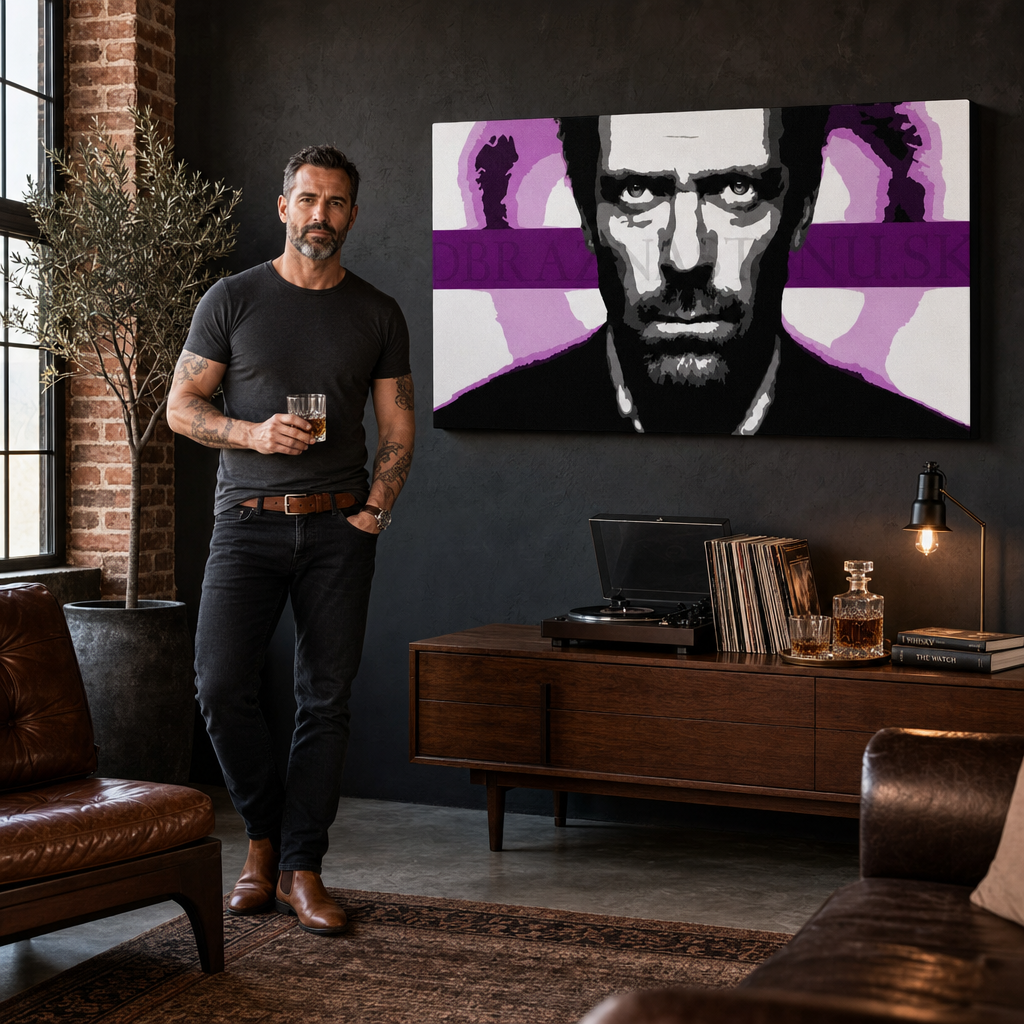 Pictate manual POP Art Art pictura Dr. HOUSE 1 bucată 1010 dh – tablou într-un interior modern masculin, vizualizare lifestyle. Culori dominante: negru, alb, mov, roz, gri.
