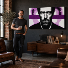 Pictate manual POP Art Art pictura Dr. HOUSE 1 bucată 1010 dh – tablou într-un interior modern masculin, vizualizare lifestyle. Culori dominante: negru, alb, mov, roz, gri.
