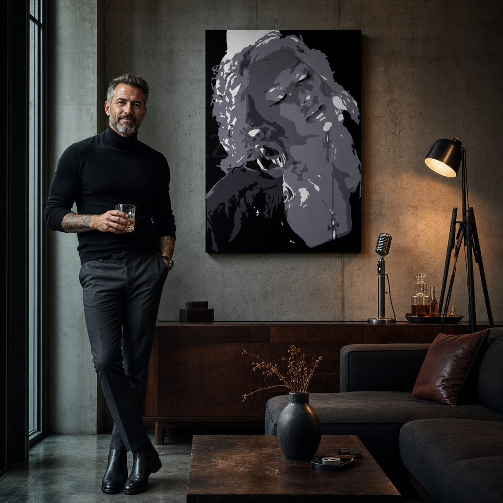 Pictate manual POP Art Christina Aguilera 1 buc ca – tablou într-un interior modern masculin, vizualizare lifestyle. Culori dominante: negru, gri, alb.