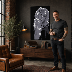 Pictate manual POP Art Christina Aguilera 1 buc ca2 – tablou într-un interior modern masculin, vizualizare lifestyle. Culori dominante: negru, alb, gri.