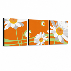 Pictate manual POP Art Floare imagine 3 bucăți flo6 – Vizualizare 3D a tabloului pictat manual pe fundal alb. Culori dominante: portocaliu, alb, verde, galben.