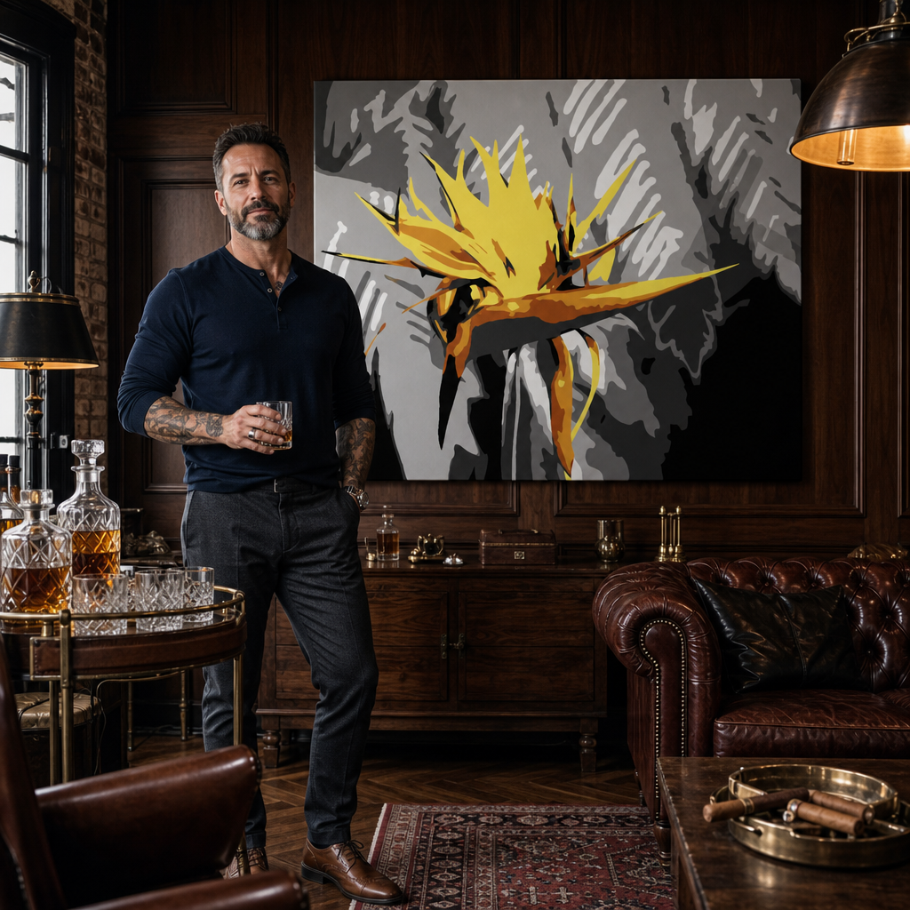 Pictate manual POP Art Flower 1 bucată imagine flo4 – tablou într-un interior modern masculin, vizualizare lifestyle. Culori dominante: galben, negru, gri.