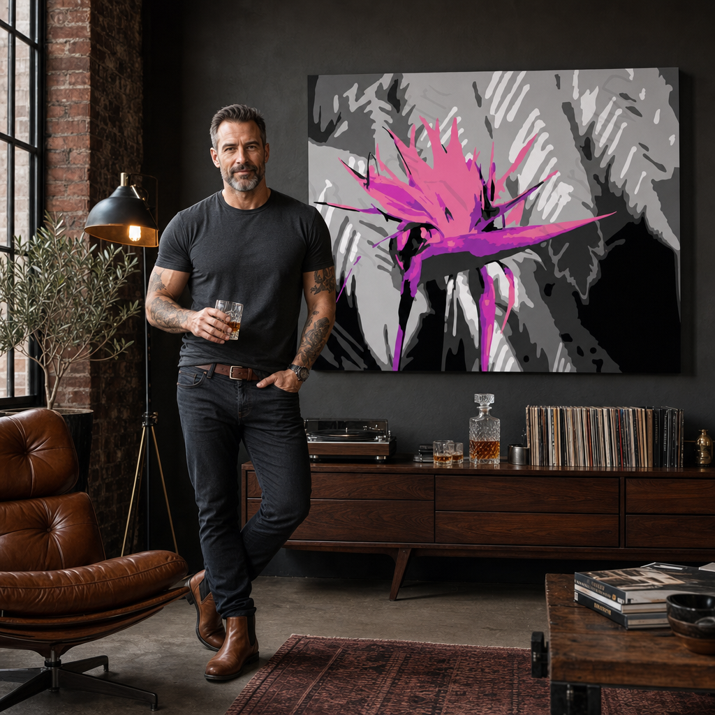 Pictate manual POP Art Flower 1 bucată imagine flo5 – tablou într-un interior modern masculin, vizualizare lifestyle. Culori dominante: negru, roz, mov.