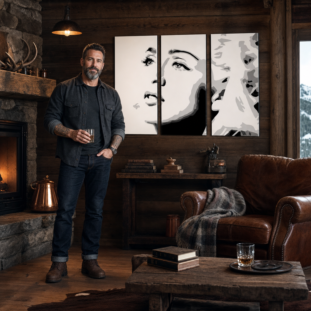 Pictate manual POP Art Madonna 3 buc pictura ma4 – tablou într-un interior modern masculin, vizualizare lifestyle. Culori dominante: negru, alb, gri.