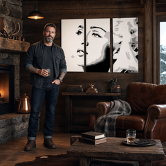 Pictate manual POP Art Madonna 3 buc pictura ma4 – tablou într-un interior modern masculin, vizualizare lifestyle. Culori dominante: negru, alb, gri.