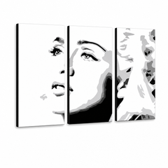 Pictate manual POP Art Madonna 3 buc pictura ma4 – Vizualizare 3D a tabloului pictat manual pe fundal alb. Culori dominante: negru, alb, gri.