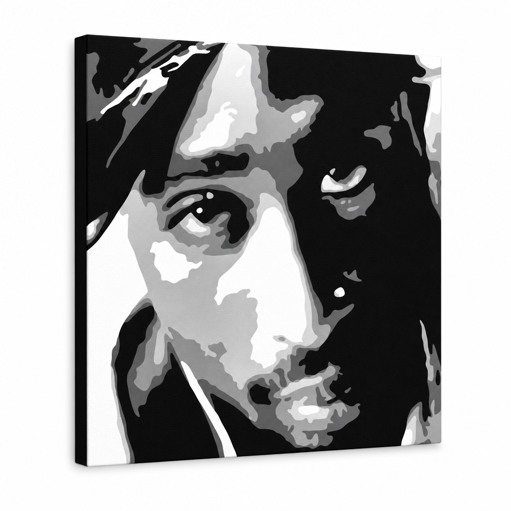 Tablou POP ART pictat manual 2 PAC 1 bucată 2pac – Vizualizare 3D a tabloului pictat manual pe fundal alb. Culori dominante: negru, alb, gri.