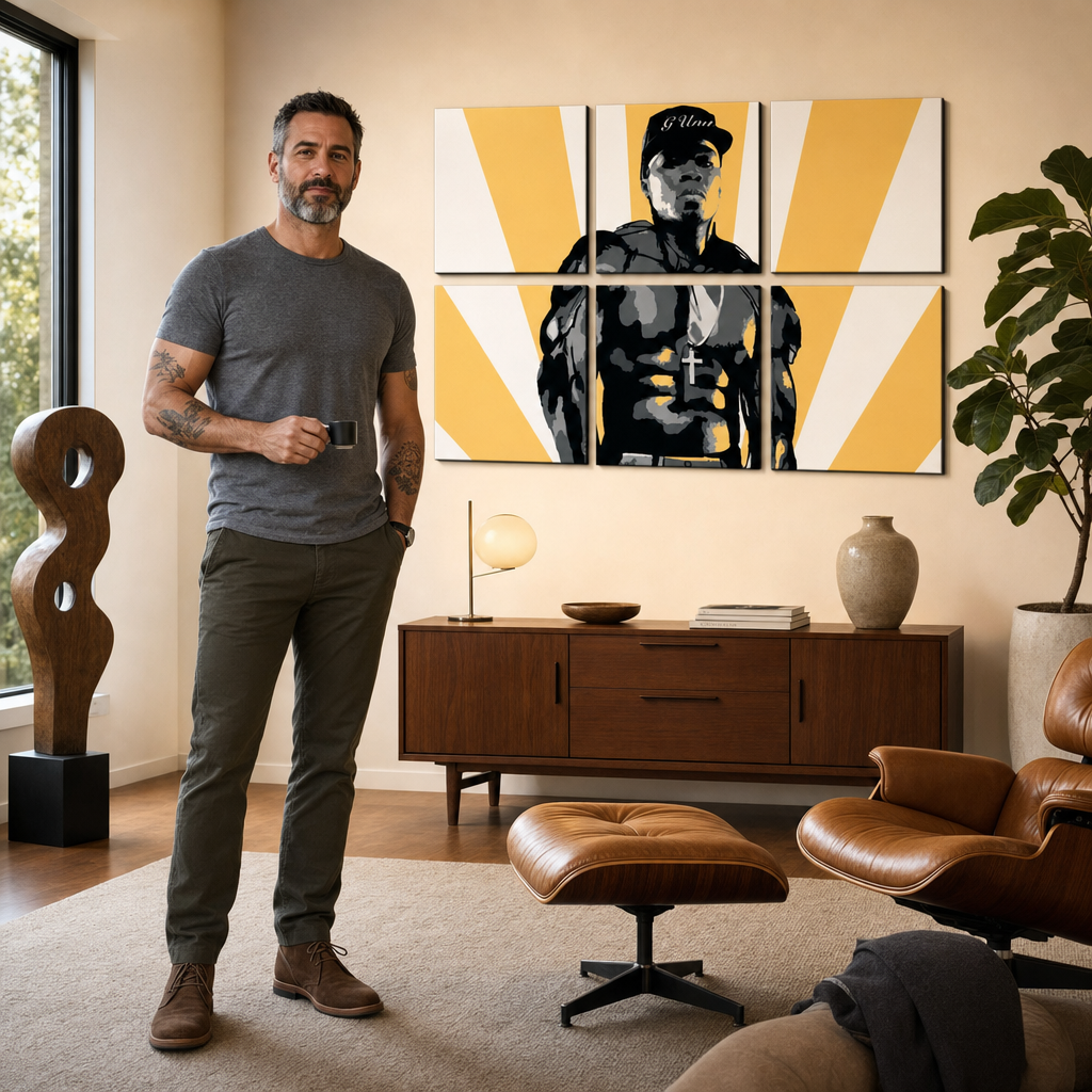 Tablou POP ART pictat manual 50 cent 6 bucăți 50cent – tablou într-un interior modern masculin, vizualizare lifestyle. Culori dominante: galben, negru, alb, gri.
