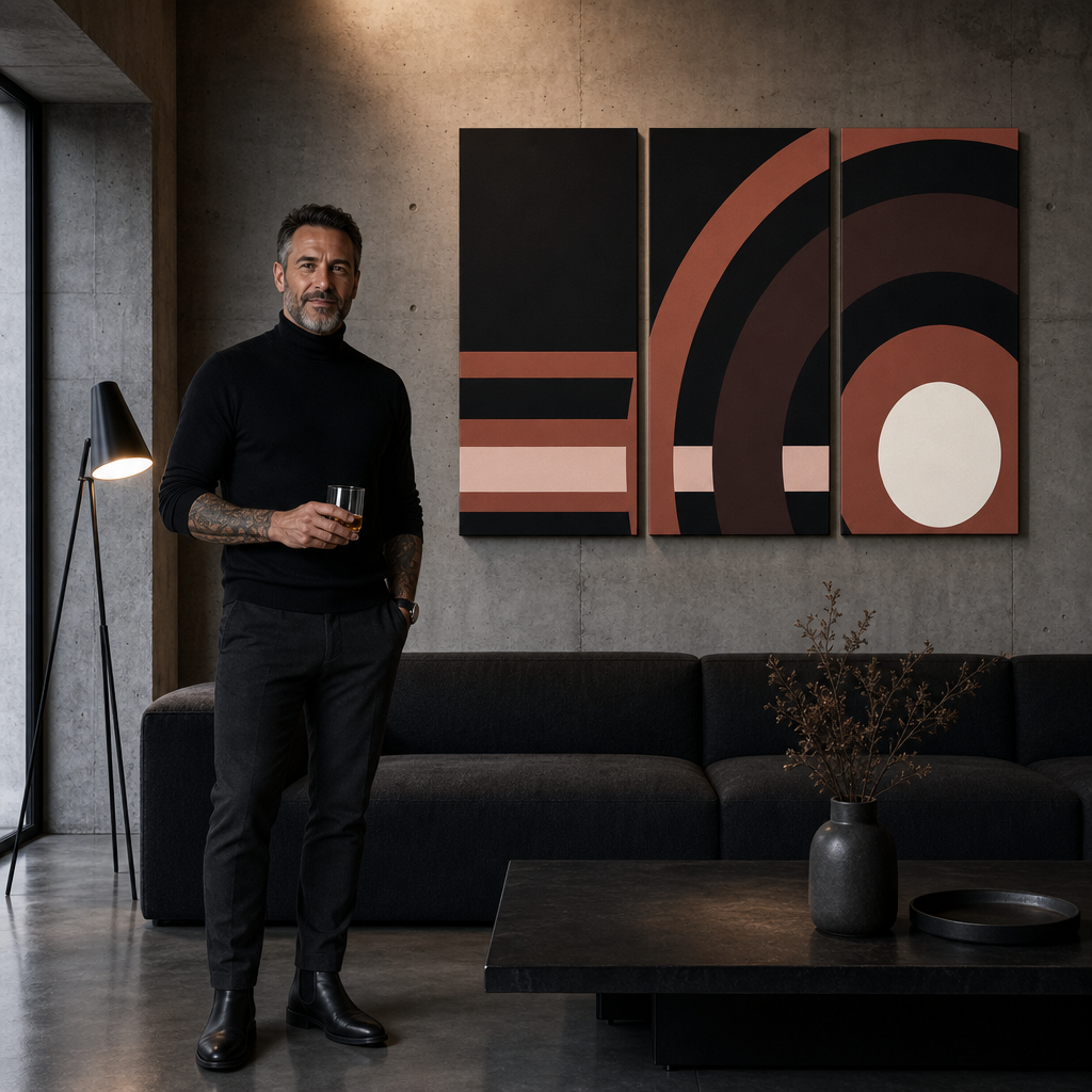 Tablou POP ART pictat manual ABSTRACT 3 buc abstr2 – tablou într-un interior modern masculin, vizualizare lifestyle. Culori dominante: negru, maro, roz, bej.
