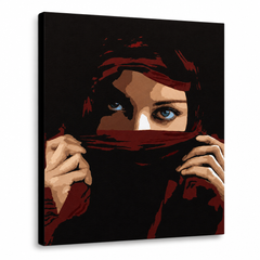 Tablou POP ART pictat manual Aicha 1 buc aicha – Vizualizare 3D a tabloului pictat manual pe fundal alb. Culori dominante: roșu, maro, albastru, bej, negru.