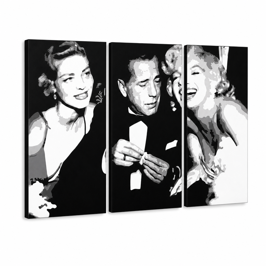 Tablou POP ART pictat manual AL Bogard 3 piese bog2 – Vizualizare 3D a tabloului pictat manual pe fundal alb. Culori dominante: negru, alb, gri.