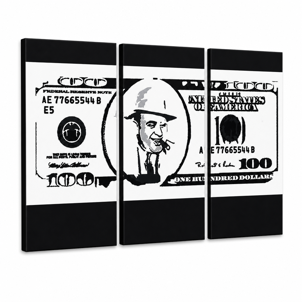 Tablou POP ART pictat manual AL CAPONE 3 buc ac – Vizualizare 3D a tabloului pictat manual pe fundal alb. Culori dominante: negru, alb, gri.