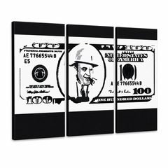 Tablou POP ART pictat manual AL CAPONE 3 buc ac – Vizualizare 3D a tabloului pictat manual pe fundal alb. Culori dominante: negru, alb, gri.