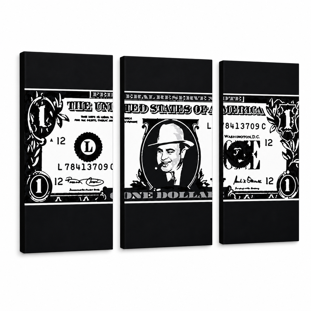 Tablou POP ART pictat manual AL CAPONE 3 buc ac2 – Vizualizare 3D a tabloului pictat manual pe fundal alb. Culori dominante: negru, alb, gri.