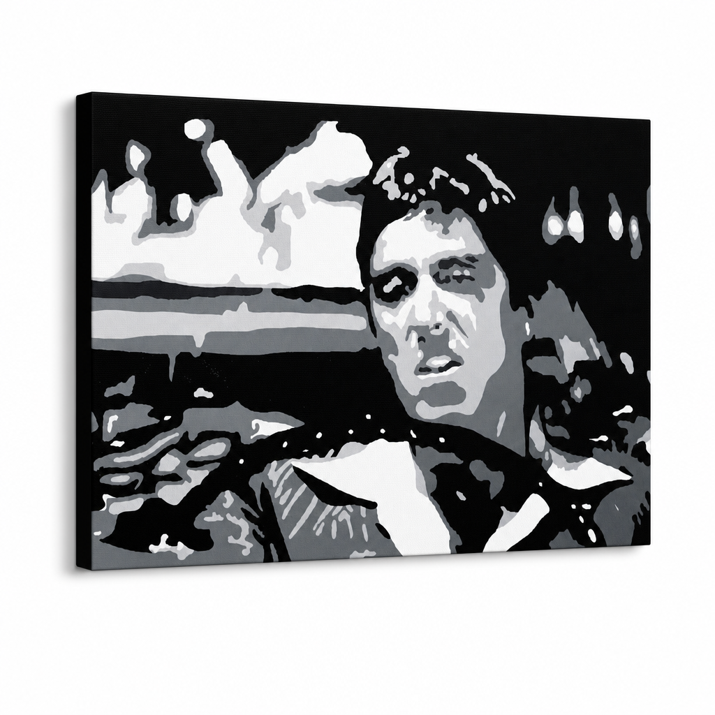 Tablou POP ART pictat manual AL PACINO 1 buc al13 – Vizualizare 3D a tabloului pictat manual pe fundal alb. Culori dominante: negru, alb, gri.