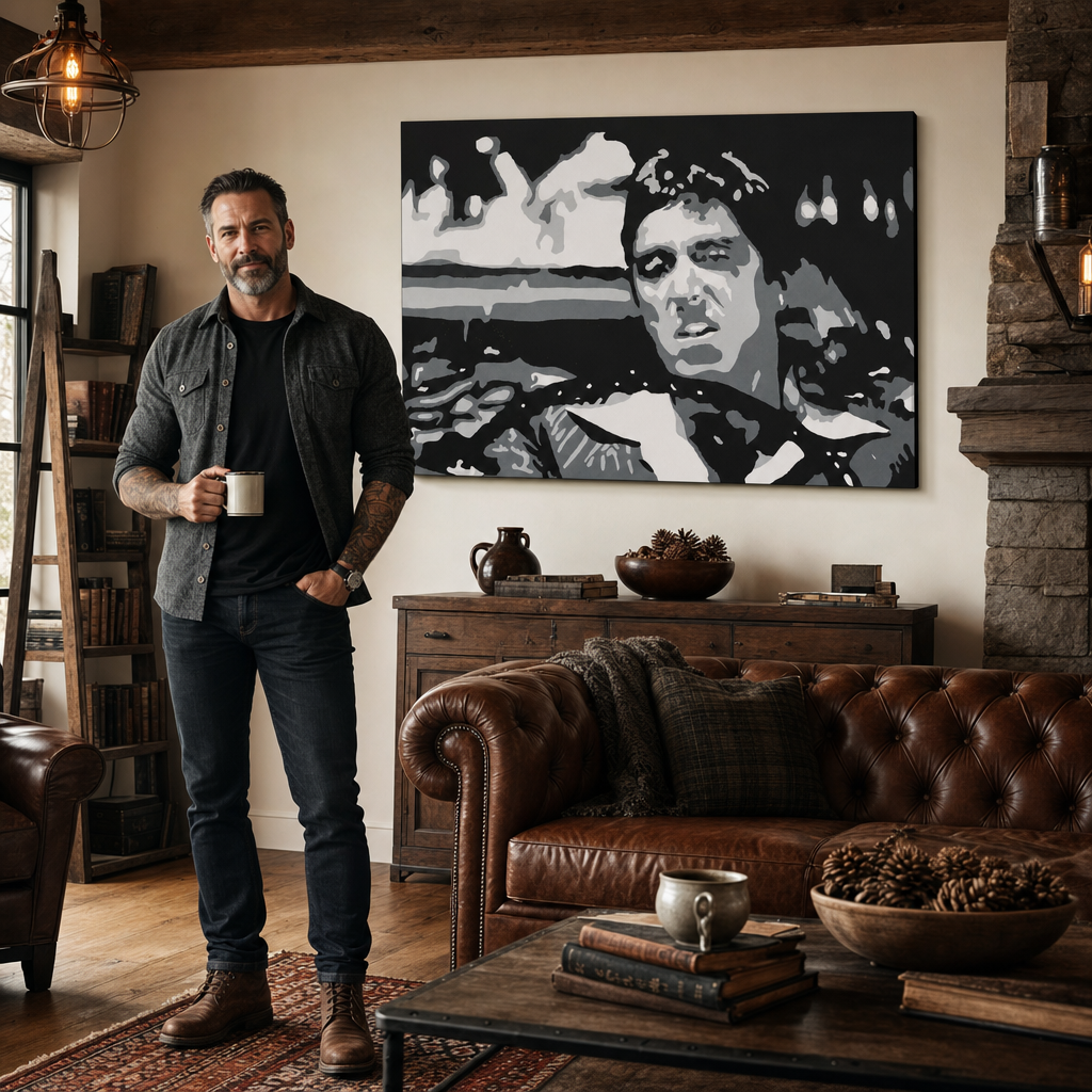 Tablou POP ART pictat manual AL PACINO 1 buc al13 – tablou într-un interior modern masculin, vizualizare lifestyle. Culori dominante: negru, alb, gri.