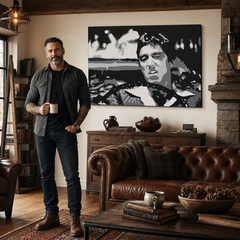 Tablou POP ART pictat manual AL PACINO 1 buc al13 – tablou într-un interior modern masculin, vizualizare lifestyle. Culori dominante: negru, alb, gri.