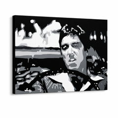 Tablou POP ART pictat manual AL PACINO 1 buc al13 – Vizualizare 3D a tabloului pictat manual pe fundal alb. Culori dominante: negru, alb, gri.