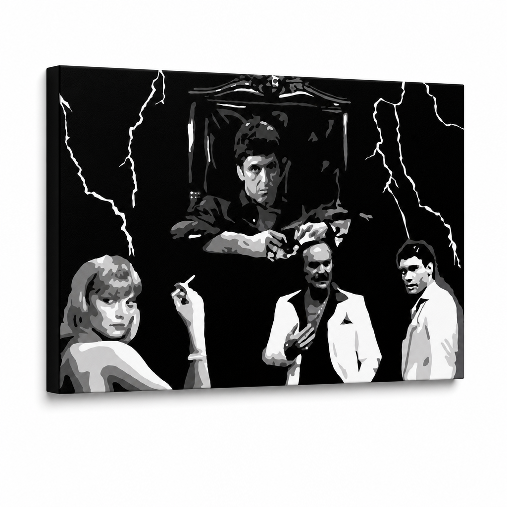 Tablou POP ART pictat manual AL PACINO 1 buc al15 – Vizualizare 3D a tabloului pictat manual pe fundal alb. Culori dominante: negru, alb, gri.