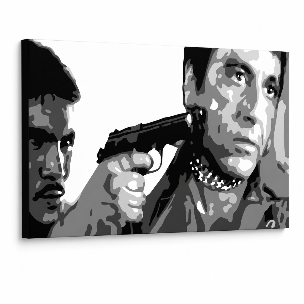 Tablou POP ART pictat manual AL PACINO 1 buc al20 – Vizualizare 3D a tabloului pictat manual pe fundal alb. Culori dominante: negru, alb, gri.