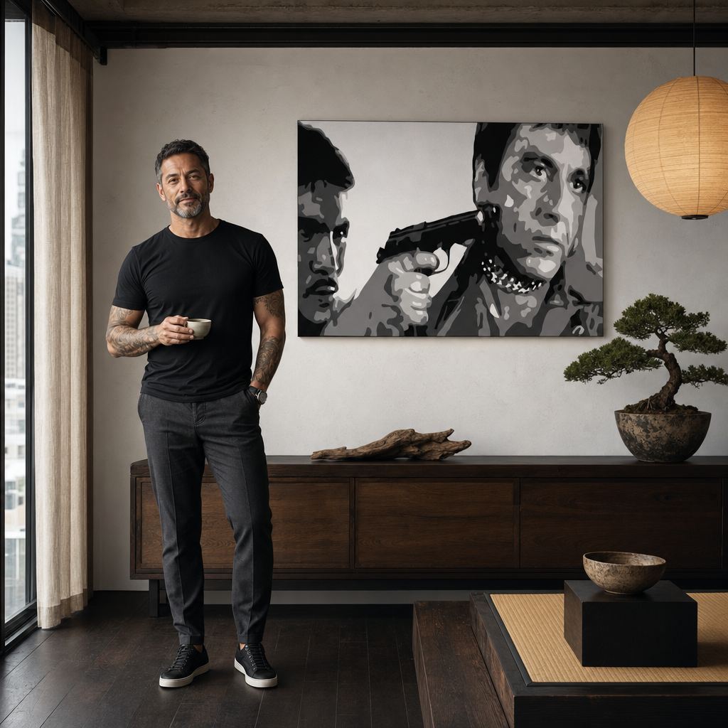 Tablou POP ART pictat manual AL PACINO 1 buc al20 – tablou într-un interior modern masculin, vizualizare lifestyle. Culori dominante: negru, alb, gri.