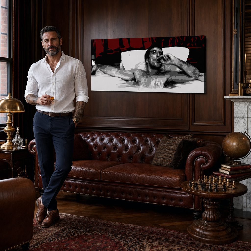 Tablou POP ART pictat manual AL PACINO 1 buc al21 – tablou într-un interior modern masculin, vizualizare lifestyle. Culori dominante: negru, roșu, alb.