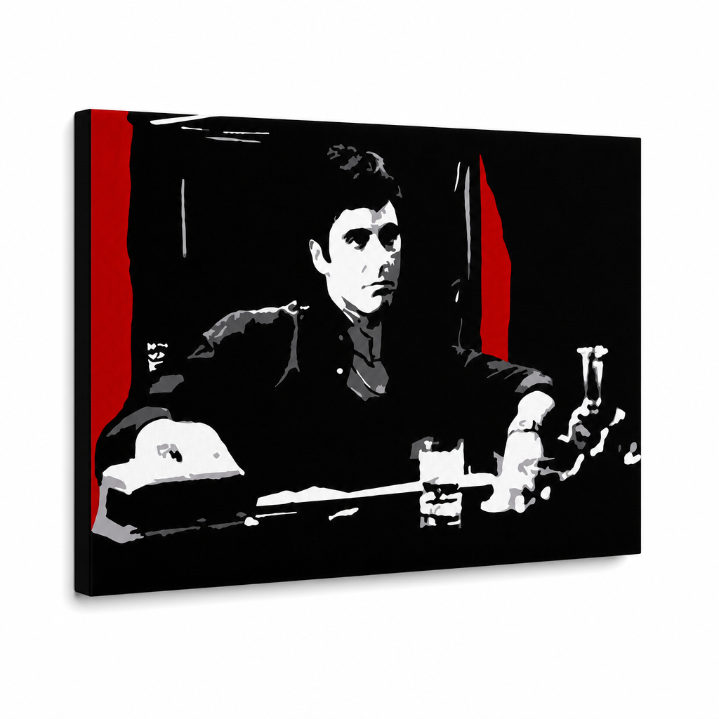 Tablou POP ART pictat manual AL PACINO 1 buc al30 – Vizualizare 3D a tabloului pictat manual pe fundal alb. Culori dominante: negru, roșu, gri, alb.