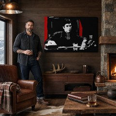 Tablou POP ART pictat manual AL PACINO 1 buc al30 – tablou într-un interior modern masculin, vizualizare lifestyle. Culori dominante: negru, roșu, gri, alb.