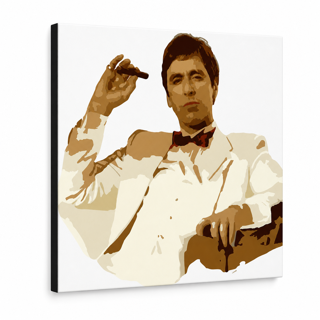 Tablou POP ART pictat manual AL PACINO 1 buc al35 – Vizualizare 3D a tabloului pictat manual pe fundal alb. Culori dominante: maro, alb, auriu.