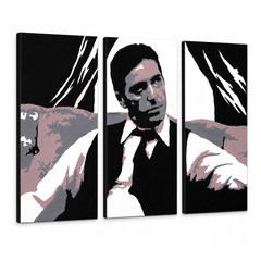 Tablou POP ART pictat manual AL PACINO 3 bucăți al11 – Vizualizare 3D a tabloului pictat manual pe fundal alb. Culori dominante: negru, gri, roz, alb, maro.