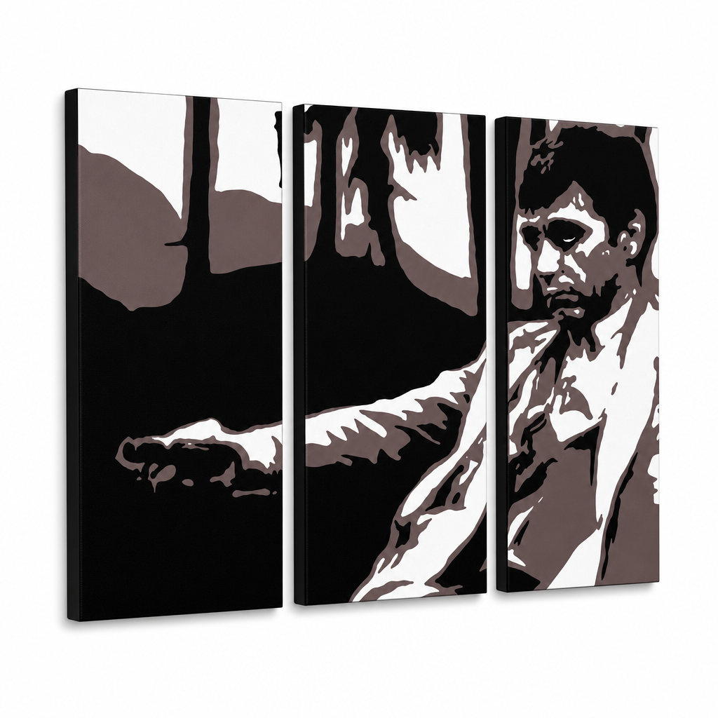 Tablou POP ART pictat manual AL PACINO 3 bucăți al24 – Vizualizare 3D a tabloului pictat manual pe fundal alb. Culori dominante: negru, maro, alb, gri.