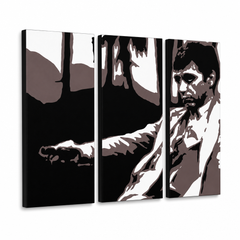 Tablou POP ART pictat manual AL PACINO 3 bucăți al24 – Vizualizare 3D a tabloului pictat manual pe fundal alb. Culori dominante: negru, maro, alb, gri.