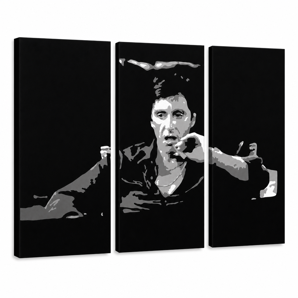 Tablou POP ART pictat manual AL PACINO 3 piese al16 – Vizualizare 3D a tabloului pictat manual pe fundal alb. Culori dominante: negru, gri, alb.
