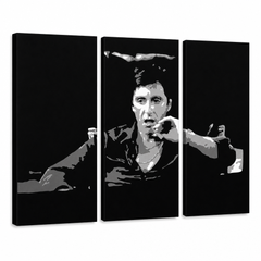 Tablou POP ART pictat manual AL PACINO 3 piese al16 – Vizualizare 3D a tabloului pictat manual pe fundal alb. Culori dominante: negru, gri, alb.