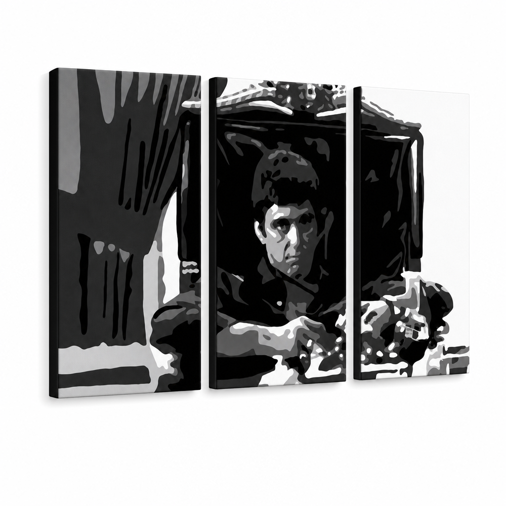 Tablou POP ART pictat manual AL PACINO 3 piese al18 – Vizualizare 3D a tabloului pictat manual pe fundal alb. Culori dominante: negru, alb, gri.