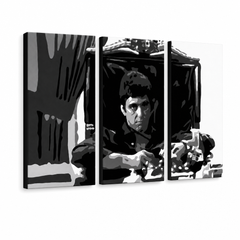 Tablou POP ART pictat manual AL PACINO 3 piese al18 – Vizualizare 3D a tabloului pictat manual pe fundal alb. Culori dominante: negru, alb, gri.